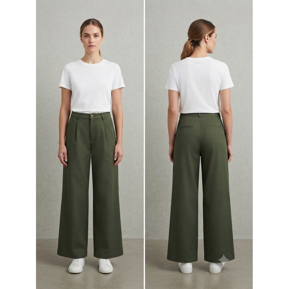 Women's Trendy Olive Wide Leg Trousers Minimalist Casual Tailored Pants L